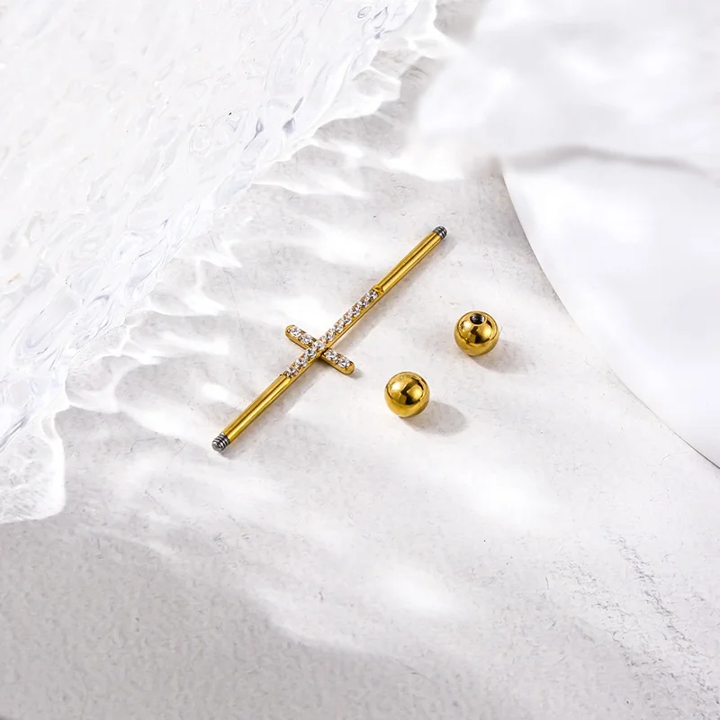 316L Surgical Steel 14G CZ Cross Industrial Barbell For Industrial Piercing - Image 2