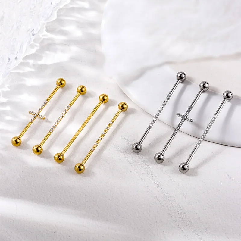 316L Surgical Steel 14G CZ Cross Industrial Barbell For Industrial Piercing