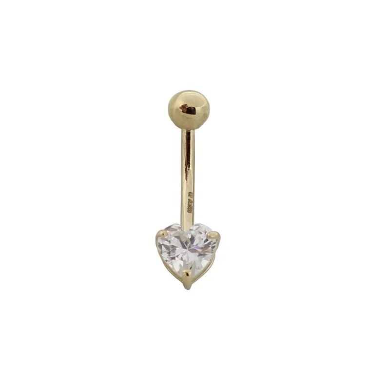 14K Solid Gold 14G CZ Heart Belly Button Ring For Navel Piercing