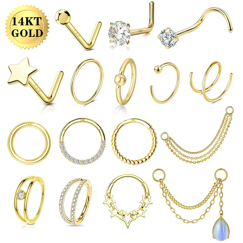 14K Solid Gold Chain Nose Ring For Nose Piercing