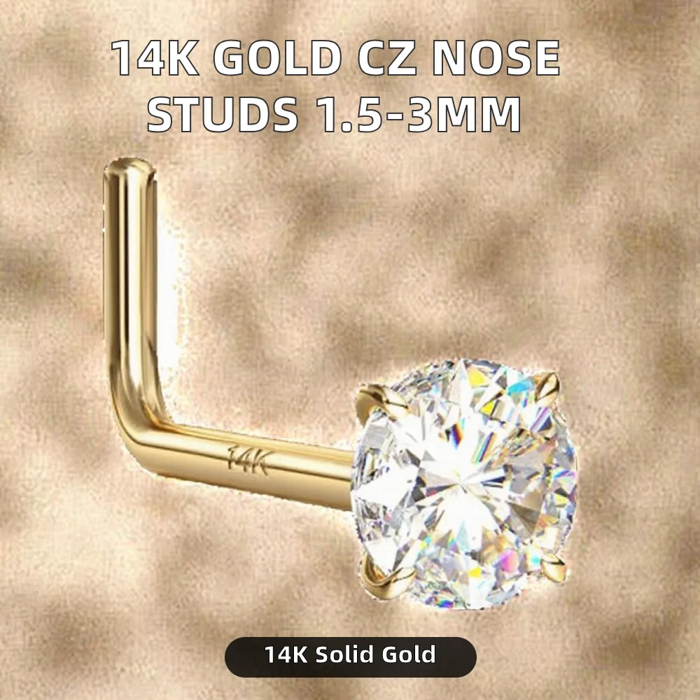14K Solid Gold CZ L-shaped Nose Stud For Nose Piercing - Image 2