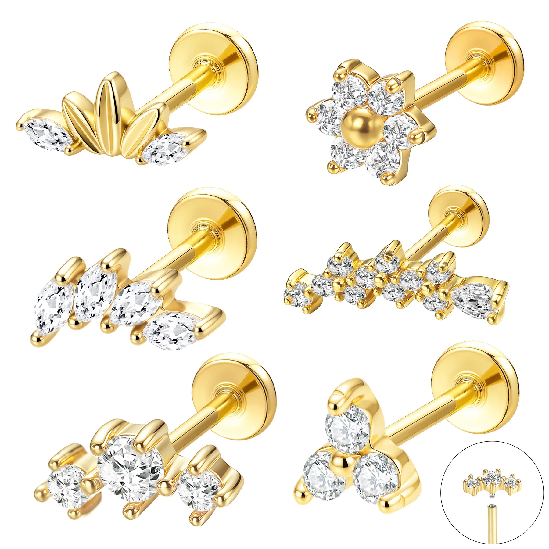 316L Surgical Steel CZ Flat Back Stud For Cartilage, Helix Or Lip Piercing - Image 2