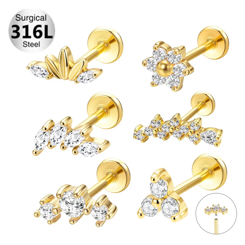 316L Surgical Steel CZ Flat Back Stud For Cartilage, Helix Or Lip Piercing