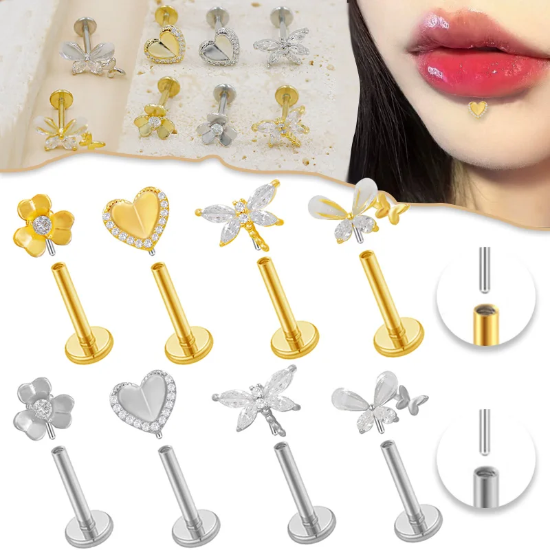 316L Surgical Steel Butterfly Heart Threadless Labret Stud For Lip, Cartilage Or Tragus Piercing