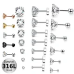 316L Surgical Steel CZ Flat Back Stud For Cartilage, Helix Or Lip Piercing