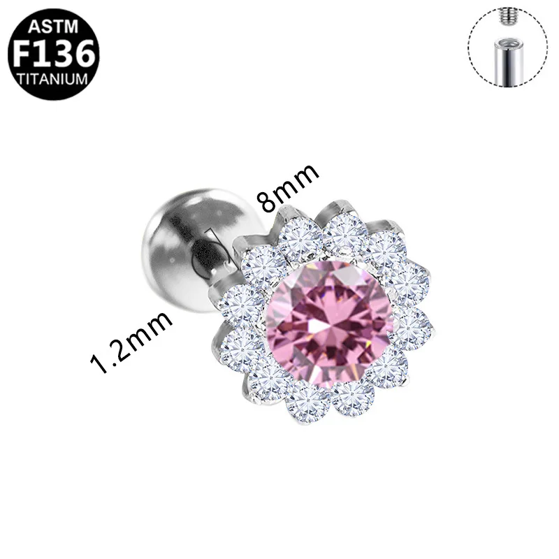 ASTM F136 Titanium 16G CZ Flower Labret Stud For Lip Or Cartilage Piercing - Image 2