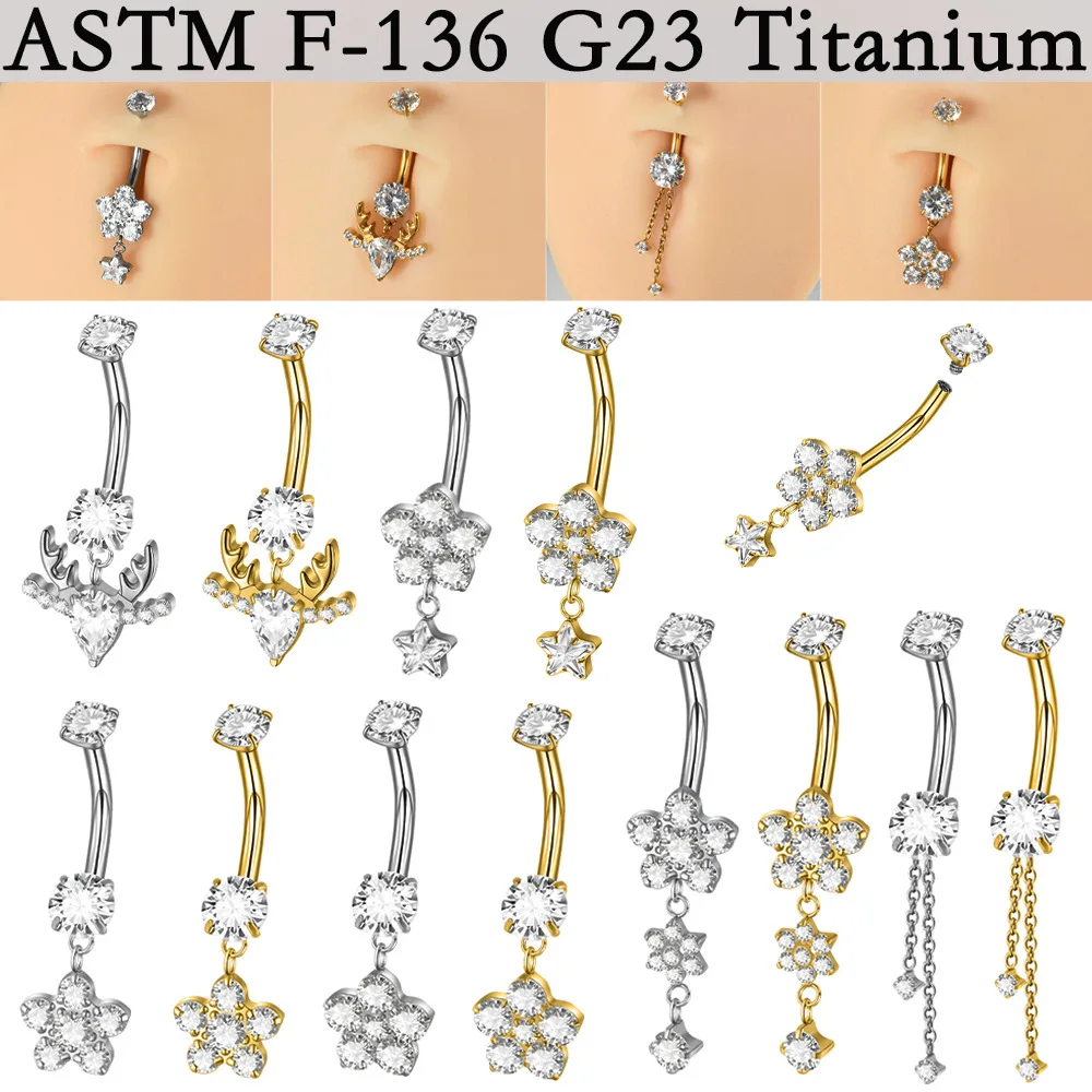 ASTM F136 Titanium CZ Flower Belly Button Ring For Navel Piercing