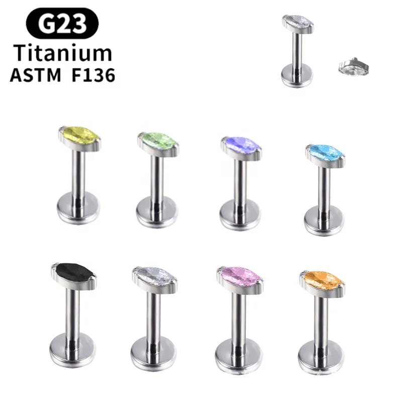 ASTM F136 Titanium Crystal Marquise Internally Threaded Labret Stud For Lip, Cartilage Or Tragus Piercing