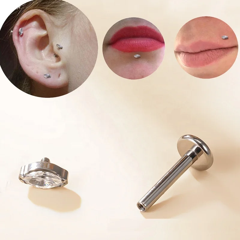 ASTM F136 Titanium Crystal Marquise Internally Threaded Labret Stud For Lip, Cartilage Or Tragus Piercing - Image 2