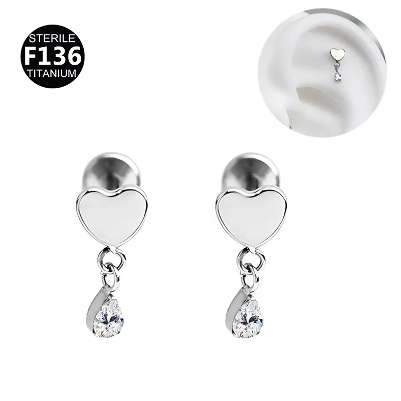 ASTM F136 Titanium CZ Heart Labret Stud For Lip Or Cartilage Piercing