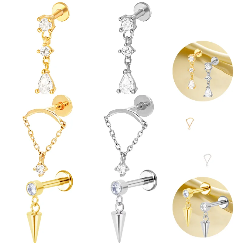 ASTM F136 Titanium CZ Chain Internally Threaded Labret Stud For Lip, Cartilage Or Tragus Piercing