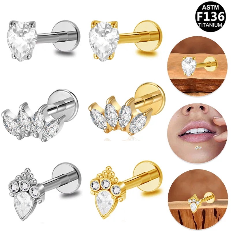 ASTM F136 Titanium CZ Internally Threaded Labret Stud For Lip, Cartilage Or Tragus Piercing