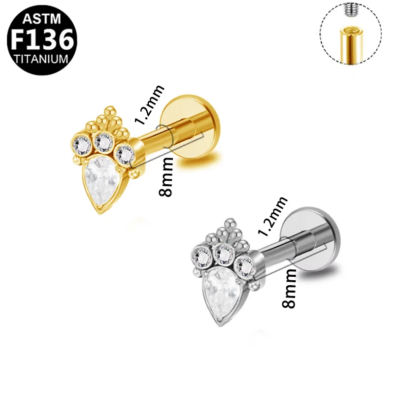 ASTM F136 Titanium CZ Internally Threaded Labret Stud For Lip, Cartilage Or Tragus Piercing - Image 2