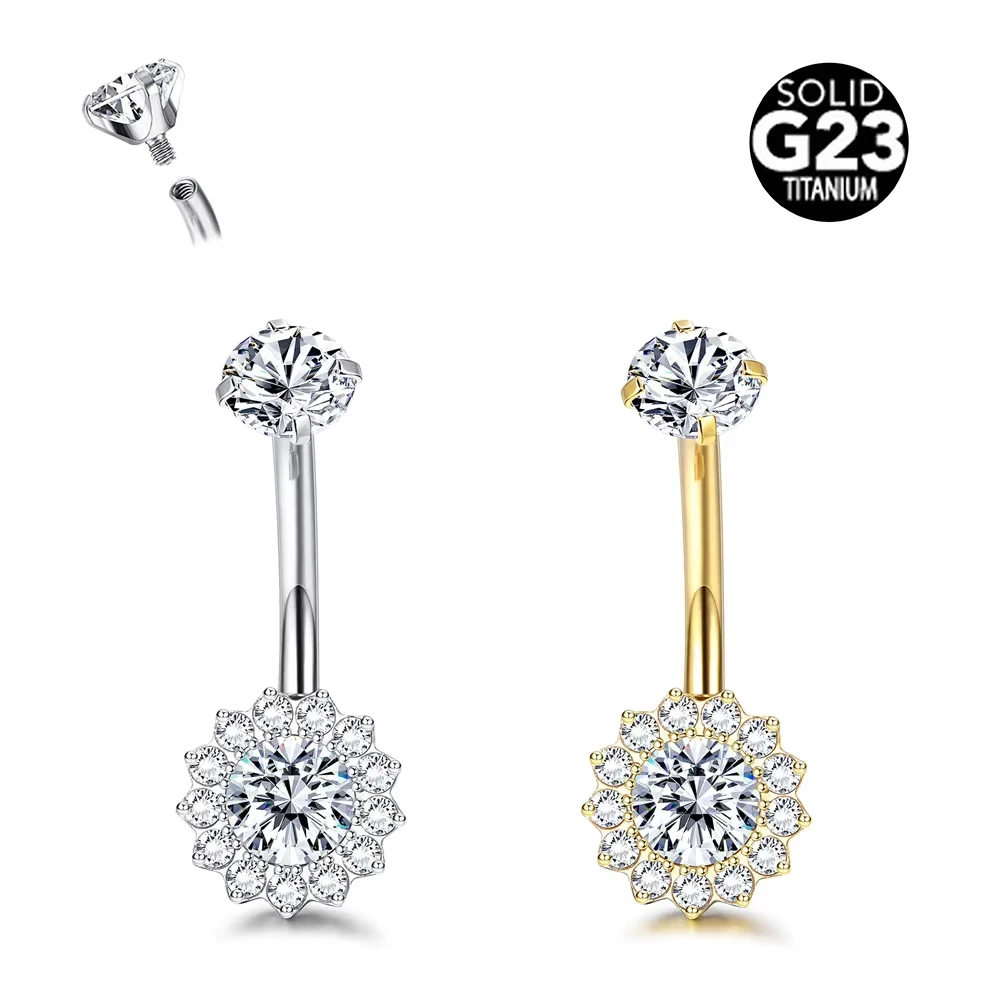 ASTM F136 Titanium CZ Flower Belly Button Ring For Navel Piercing