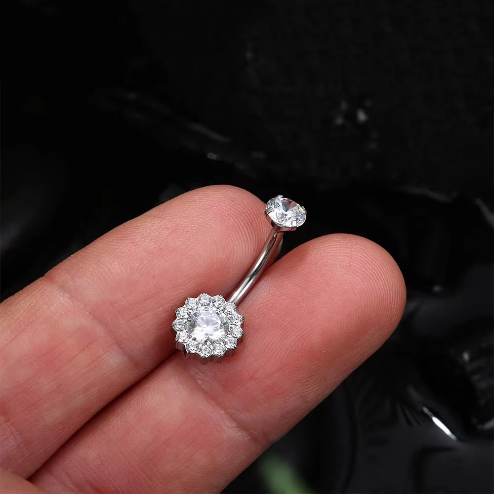ASTM F136 Titanium CZ Flower Belly Button Ring For Navel Piercing - Image 2