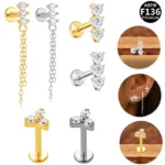 ASTM F136 Titanium Chain Threadless Labret Stud For Lip, Cartilage Or Tragus Piercing