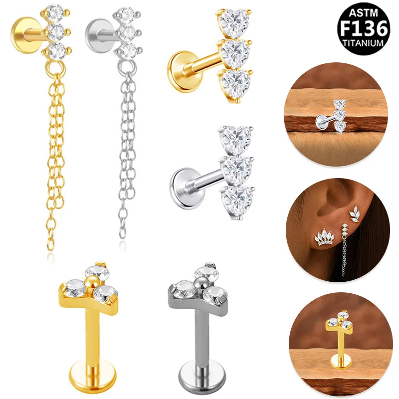 ASTM F136 Titanium Chain Threadless Labret Stud For Lip, Cartilage Or Tragus Piercing