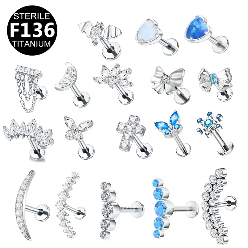 ASTM F136 Titanium Opal CZ Flat Back Stud For Cartilage, Helix Or Lip Piercing