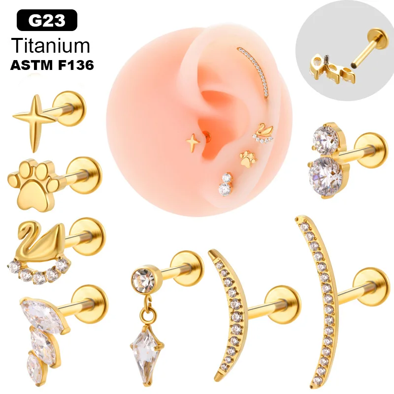 ASTM F136 Titanium CZ Heart Flat Back Stud For Cartilage, Helix Or Lip Piercing