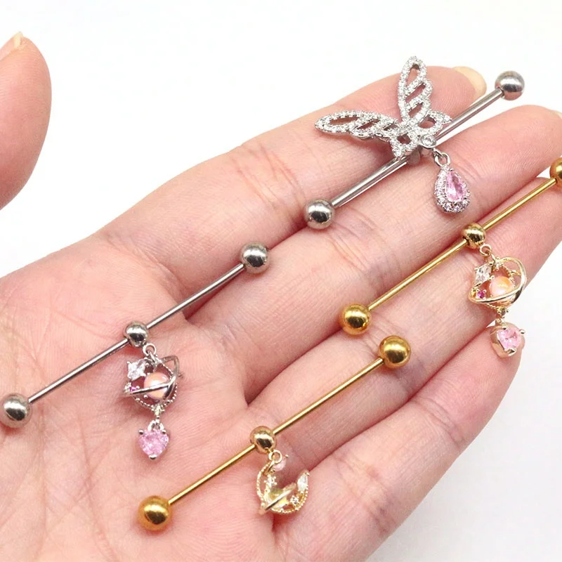 316L Surgical Steel Butterfly Moon Industrial Barbell For Industrial Piercing - Image 2
