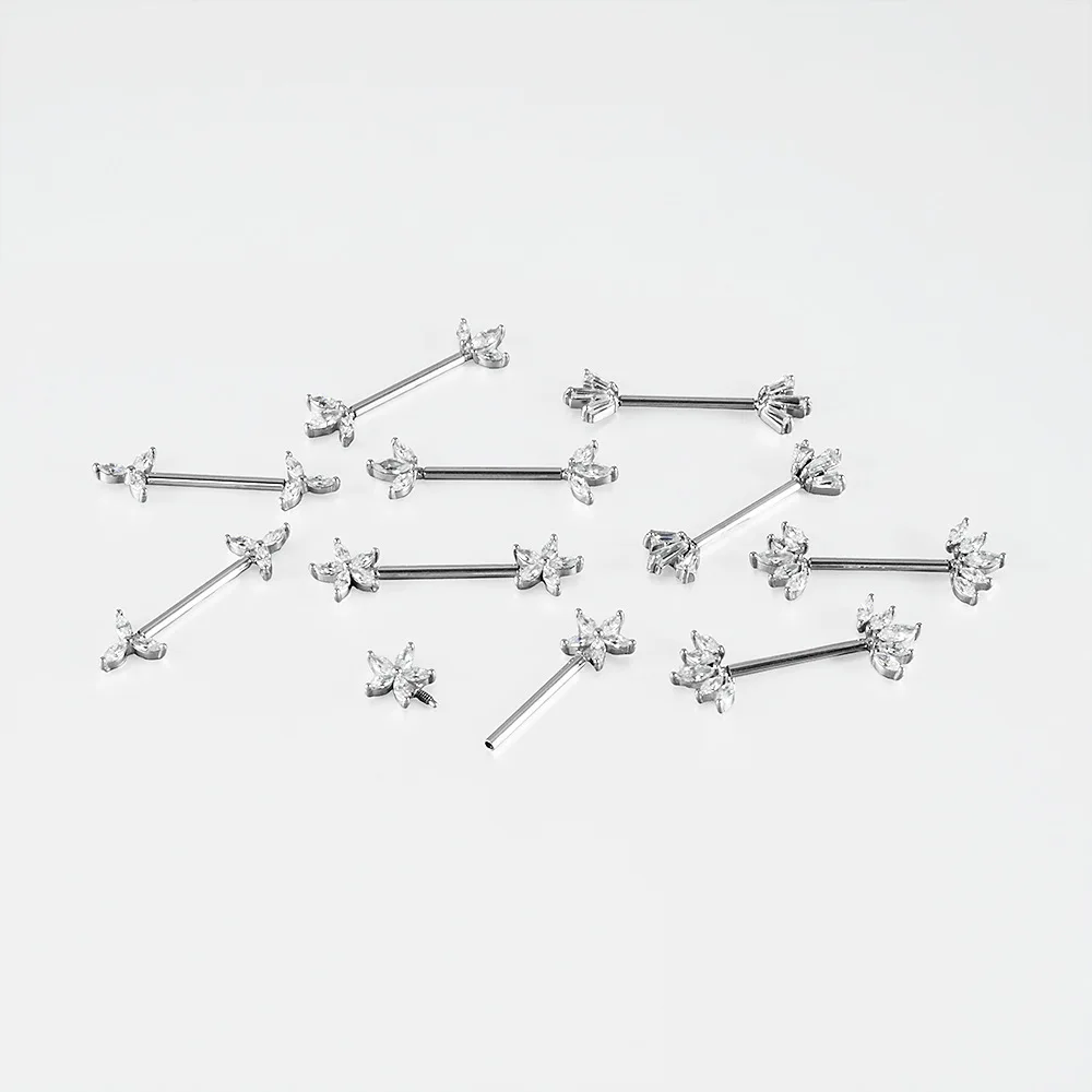 316L Surgical Steel CZ Flower Nipple Ring For Nipple Piercing - Image 2