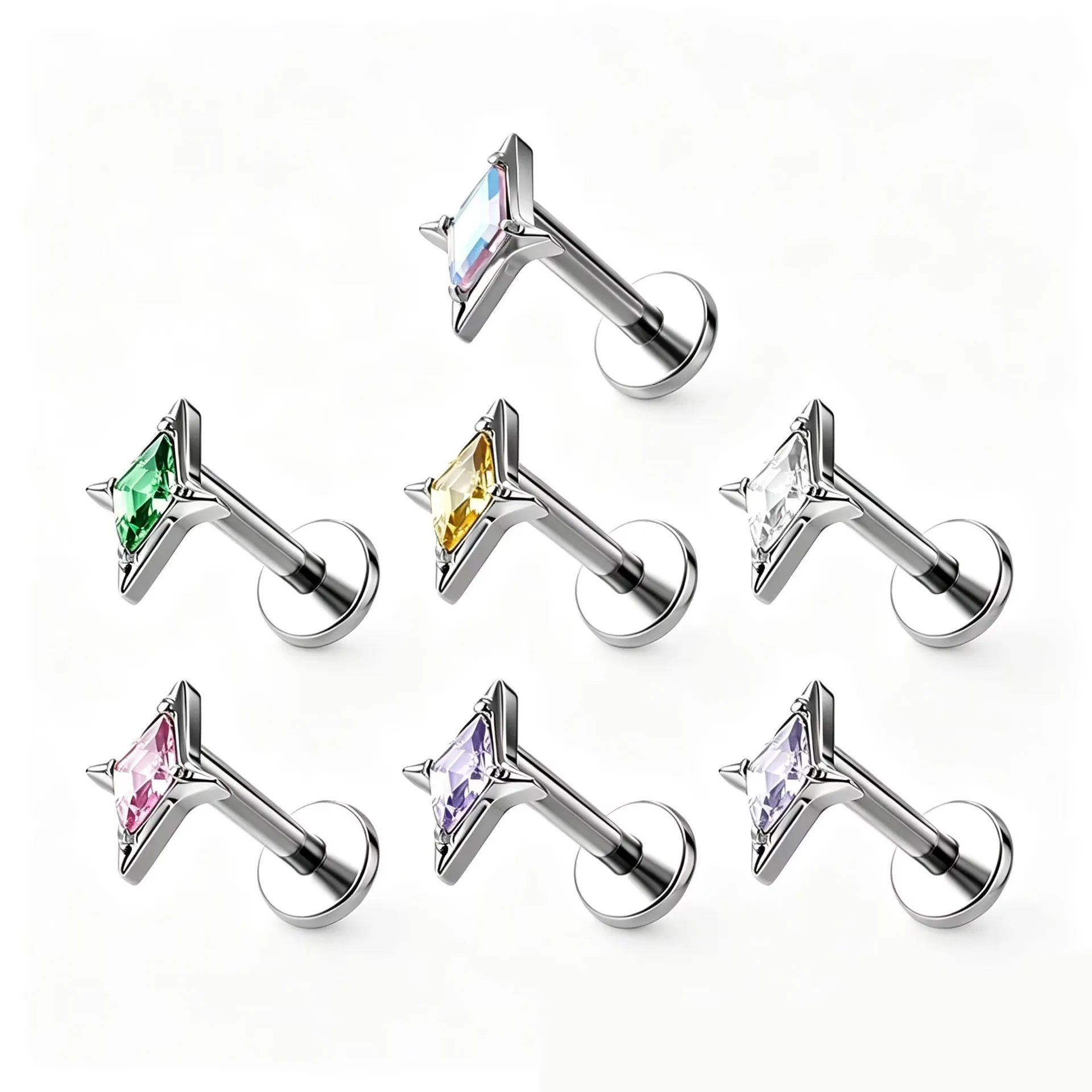 ASTM F136 Titanium CZ Star Flat Back Stud For Cartilage, Helix Or Lip Piercing