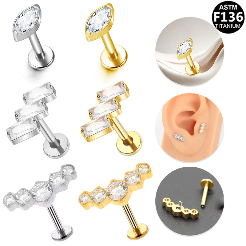 ASTM F136 Titanium 16G CZ Labret Stud For Lip Or Cartilage Piercing