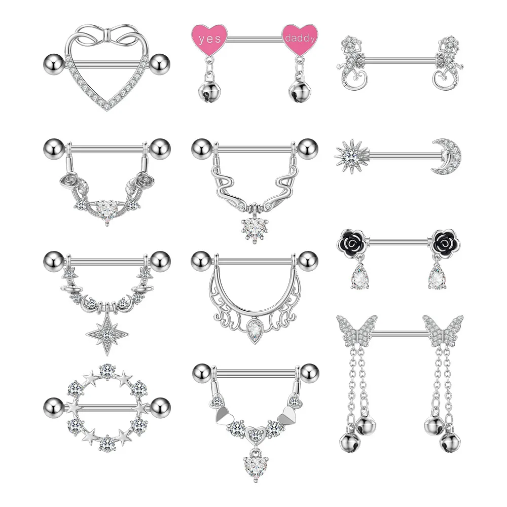 316L Surgical Steel CZ Heart Nipple Ring For Nipple Piercing