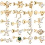 14K Solid Gold CZ Flat Back Stud For Cartilage, Helix Or Lip Piercing