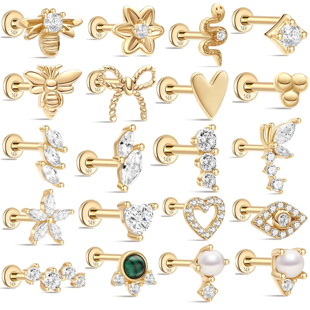 14K Solid Gold CZ Flat Back Stud For Cartilage, Helix Or Lip Piercing