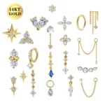 14K Solid Gold CZ Marquise Piercing Earring For Ear Piercing
