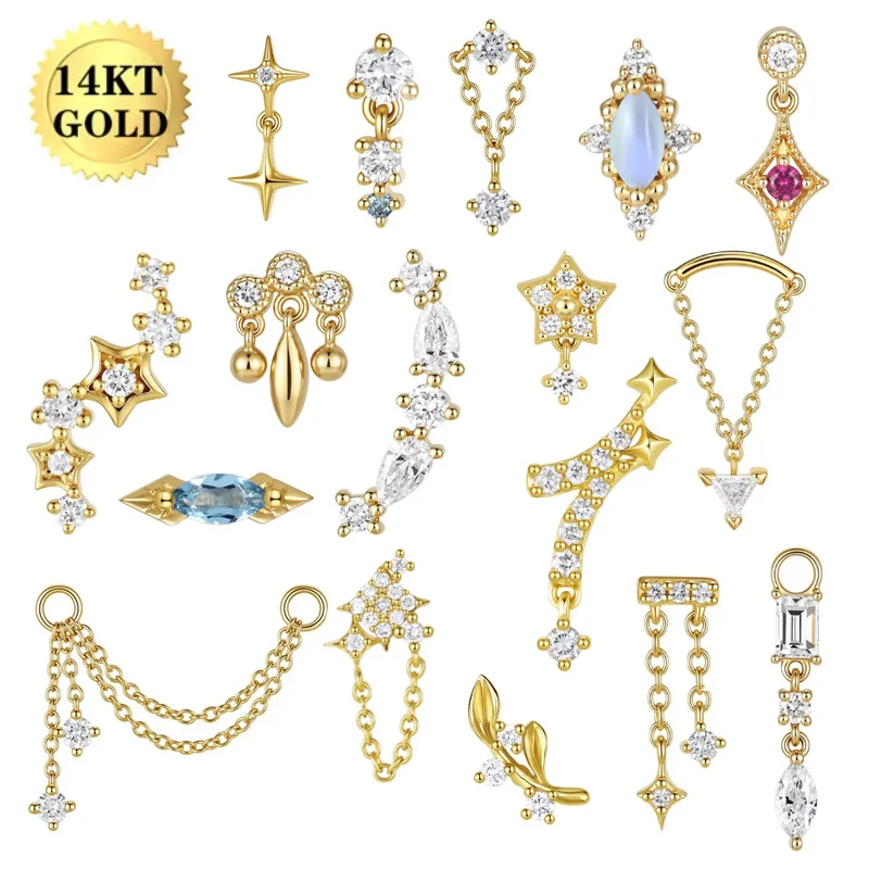 14K Solid Gold CZ Labret Stud For Lip Or Cartilage Piercing