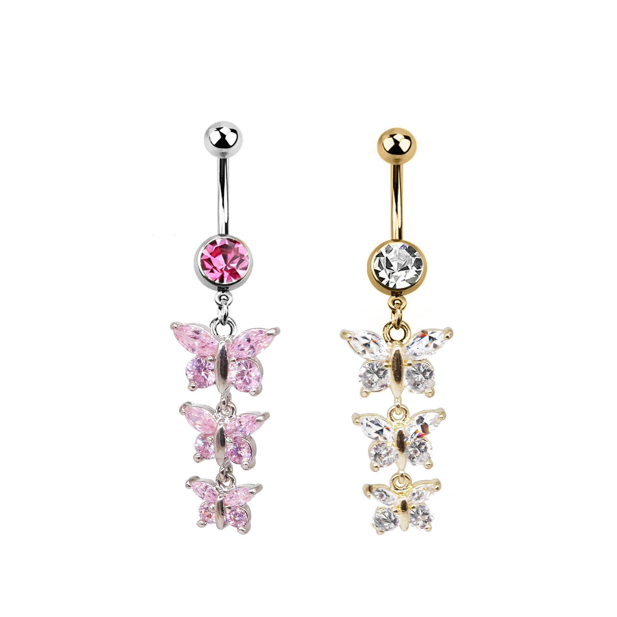 316L Surgical Steel CZ Butterfly Belly Button Ring For Navel Piercing - Image 2
