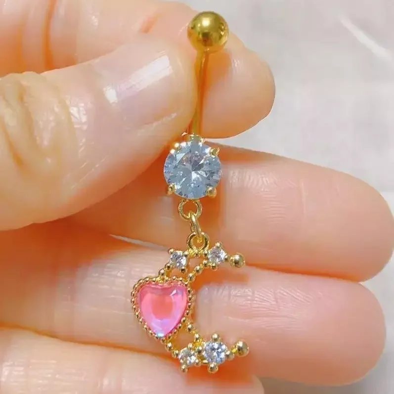 316L Surgical Steel Heart Moon Belly Button Ring For Navel Piercing - Image 2