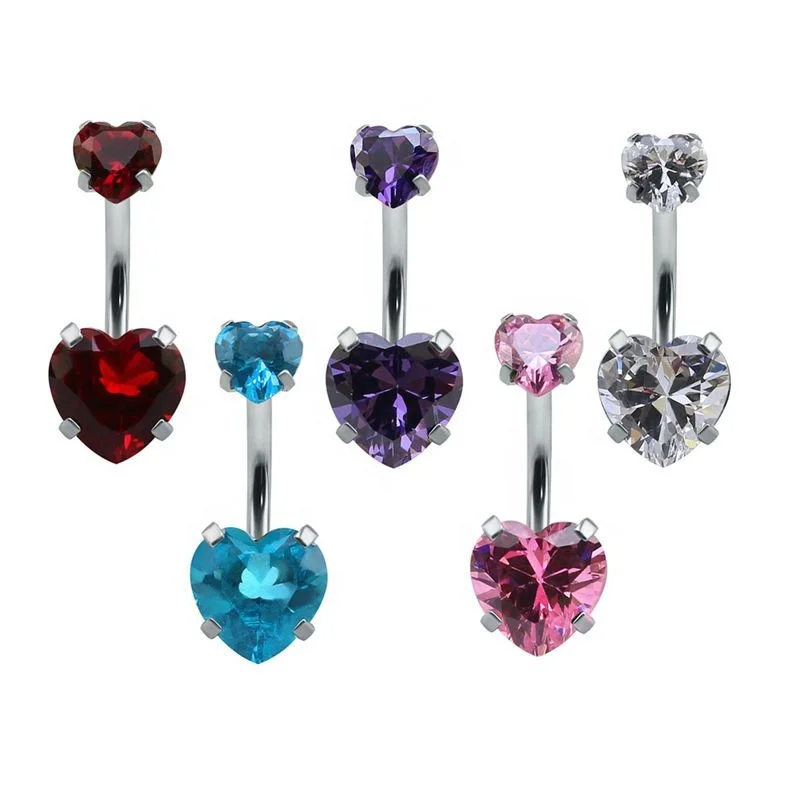316L Surgical Steel CZ Heart Belly Button Ring For Navel Piercing
