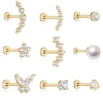 14K Solid Gold 18G CZ Pearl Internally Threaded Labret Stud For Lip, Cartilage Or Tragus Piercing