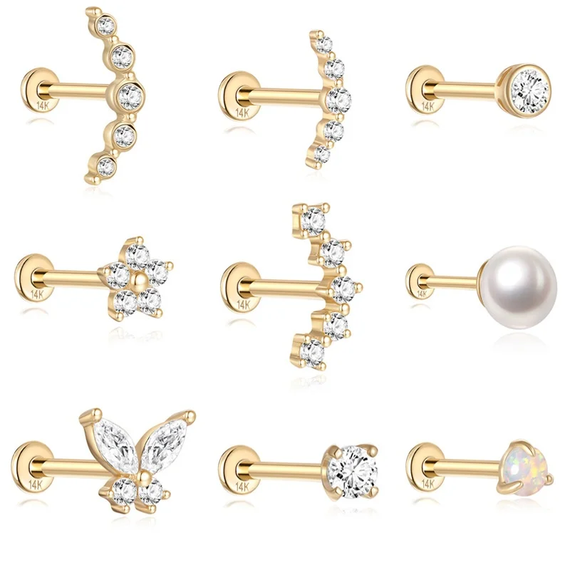14K Solid Gold 18G CZ Pearl Internally Threaded Labret Stud For Lip, Cartilage Or Tragus Piercing