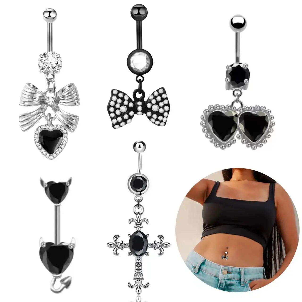 316L Surgical Steel Heart Cross Belly Button Ring For Navel Piercing