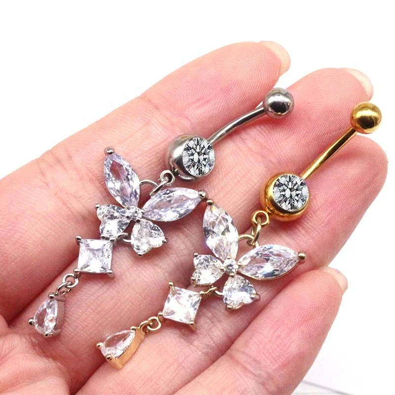 316L Surgical Steel CZ Butterfly Belly Button Ring For Navel Piercing - Image 2