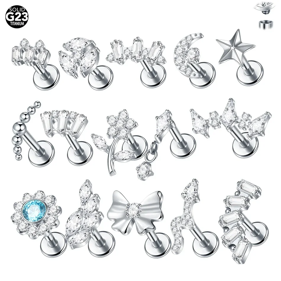 ASTM F136 Titanium 16G CZ Flower Internally Threaded Labret Stud For Lip, Cartilage Or Tragus Piercing