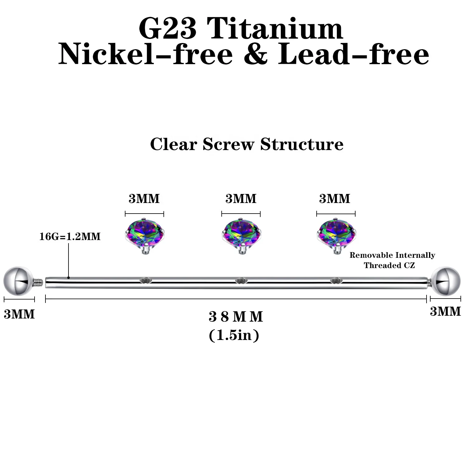 ASTM F136 Titanium CZ Industrial Barbell For Industrial Piercing - Image 2