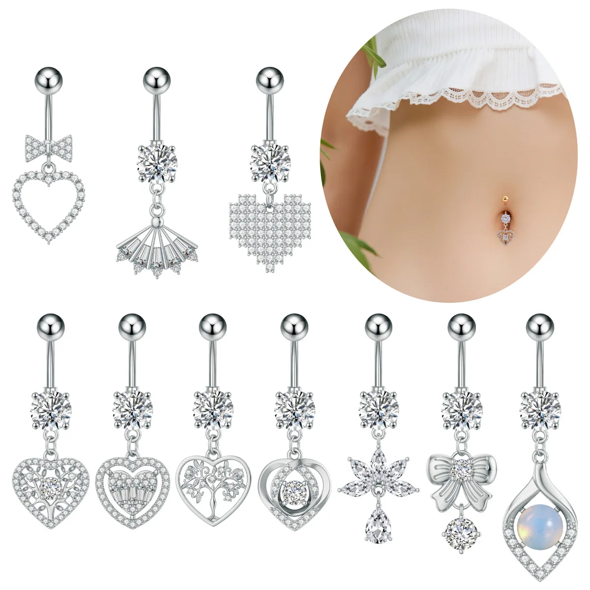 316L Surgical Steel CZ Flower Belly Button Ring For Navel Piercing - Image 2