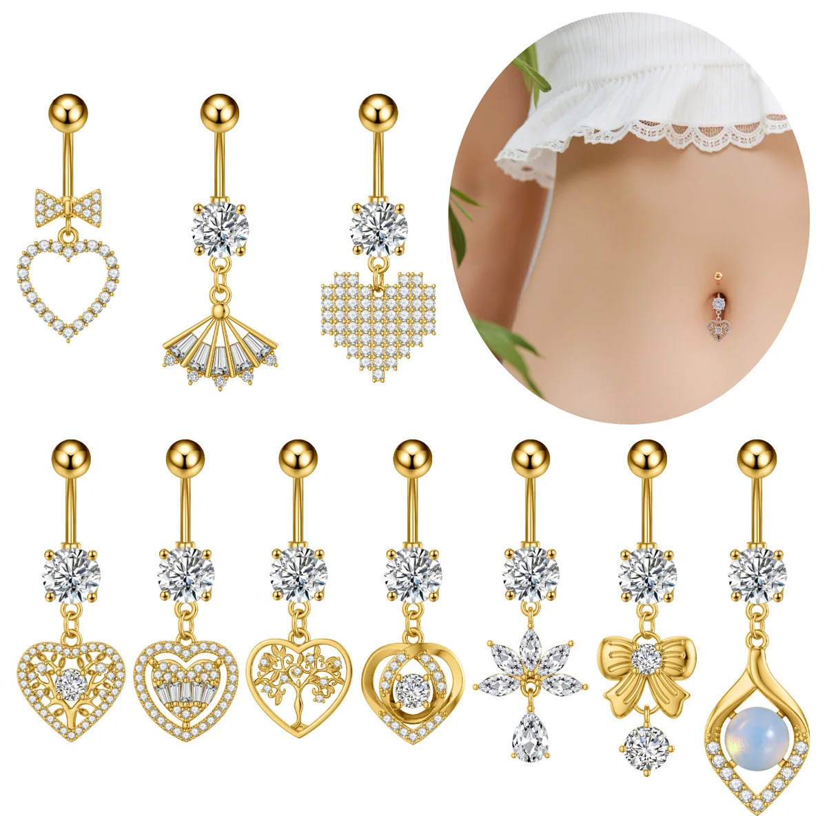 316L Surgical Steel CZ Flower Belly Button Ring For Navel Piercing