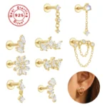 18K Solid Gold CZ Flower Cartilage Stud For Cartilage Or Helix Piercing