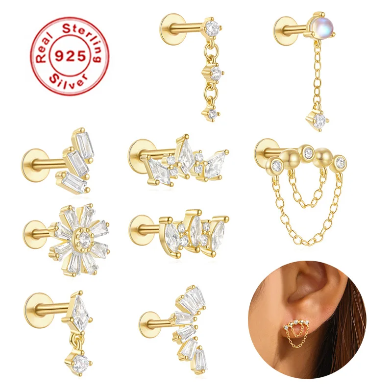 18K Solid Gold CZ Flower Cartilage Stud For Cartilage Or Helix Piercing