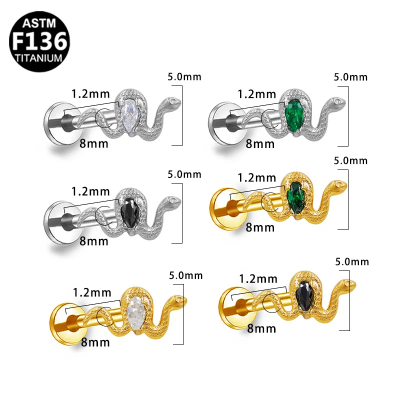 ASTM F136 Titanium CZ Snake Labret Stud For Lip Or Cartilage Piercing - Image 2