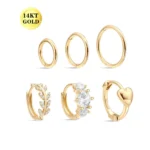 14K Solid Gold CZ Heart Piercing Earring For Ear Piercing