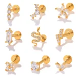 925 Silver Flower Snake Cartilage Stud For Cartilage Or Helix Piercing