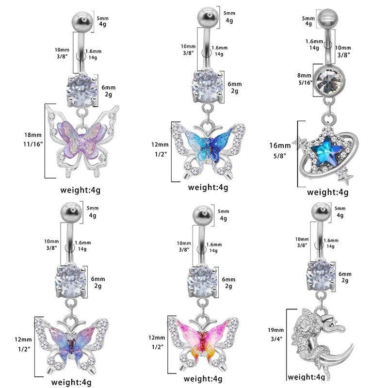 316L Surgical Steel Butterfly Moon Belly Button Ring For Navel Piercing - Image 2