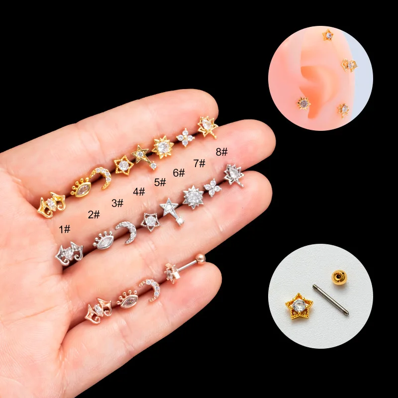 316L Surgical Steel Moon Star Cartilage Stud For Cartilage Or Helix Piercing